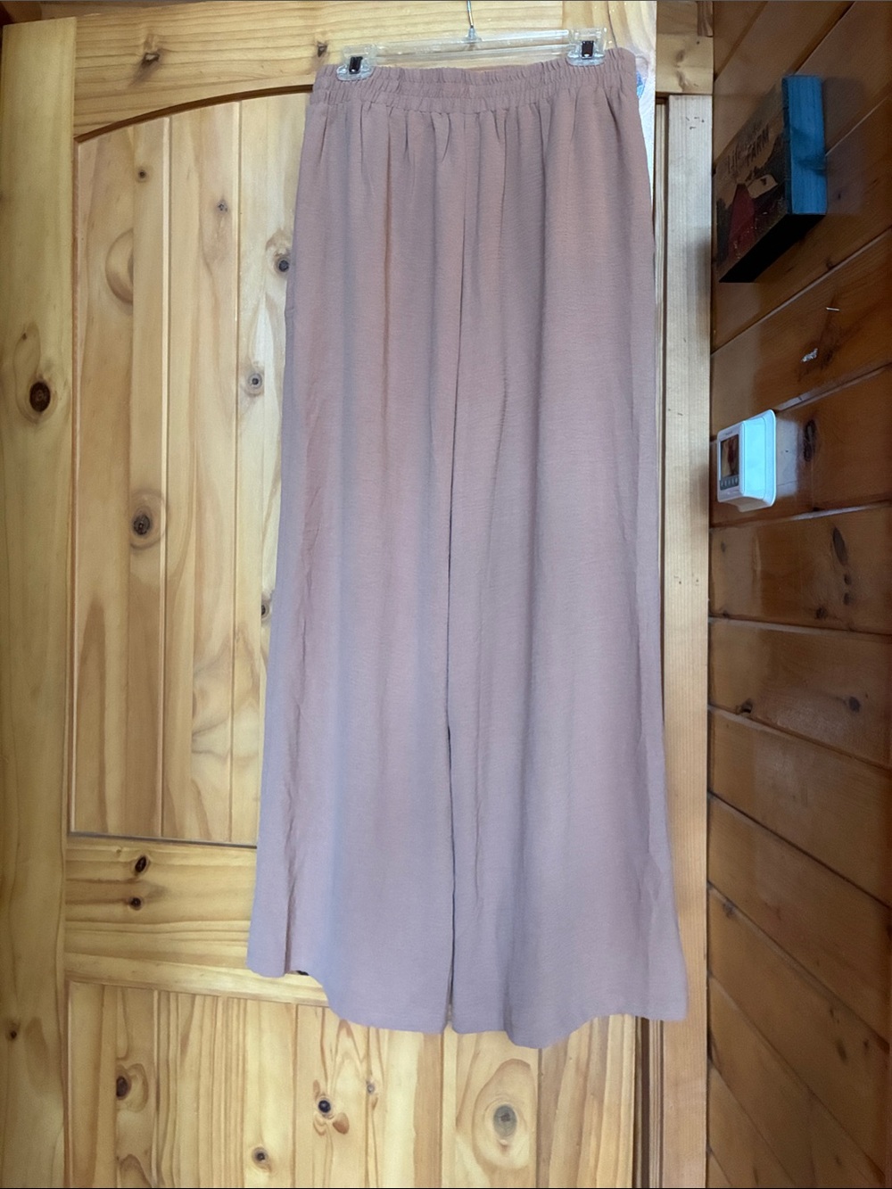High rise wide leg elastic waist pull on palazzo style camel colored pants